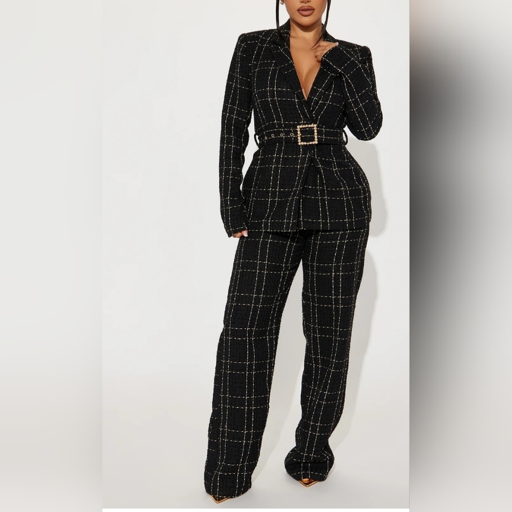 Fashion Nova Black Tweed Windowpane Belted Pantsuit